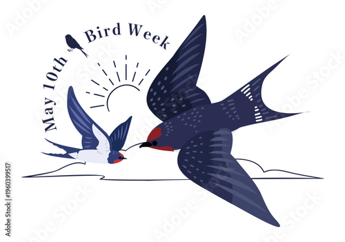 愛鳥週間（バードウィーク）のロゴとツバメのイラスト：飛翔素材 / Swallow and Bird Week Logo with Flying Bird 