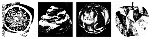 Stylized citrus section, dollop of whipped cream, faceted sphere, and rendered in halftone, vector art, graphic design elements.