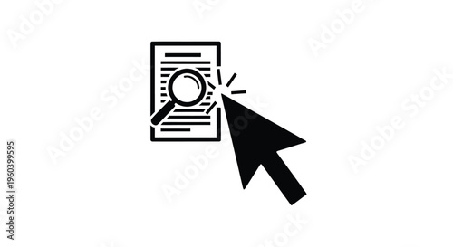 Document, search, magnifying glass icon, cursor click, black vector graphic