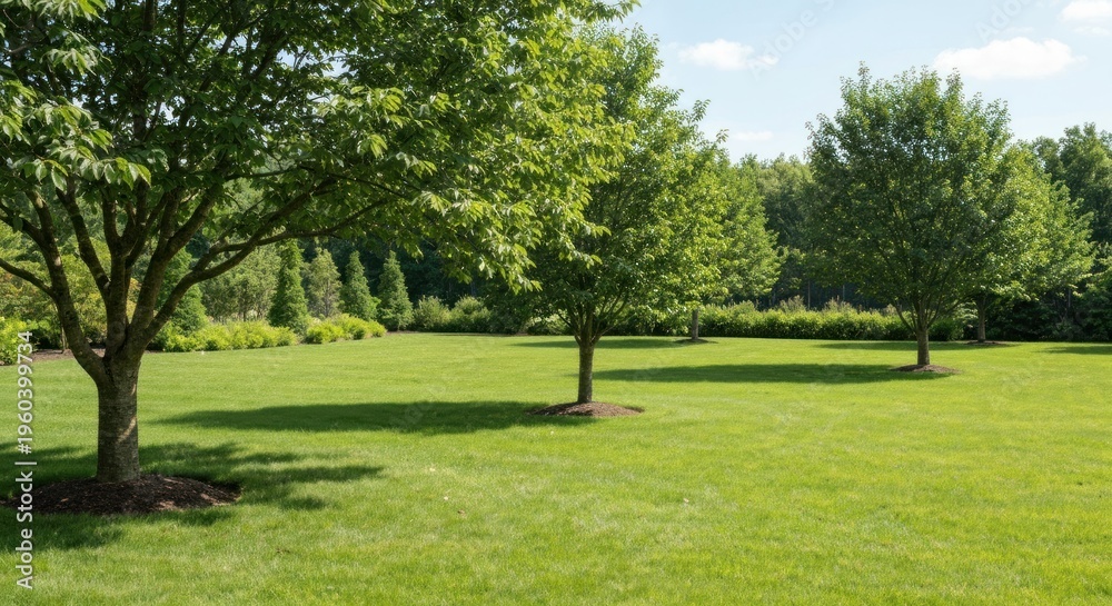 Fototapeta premium Lush Green Lawn with Trees on a Sunny Day.