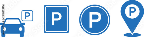  Blue vector illustration of parking icons with car, map pin, and signage, navigation artwork, transport design element, location symbol