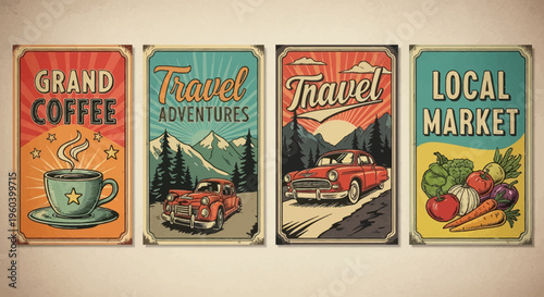 Retro Travel and Local Market Posters: Coffee, Adventure, and Vintage Cars