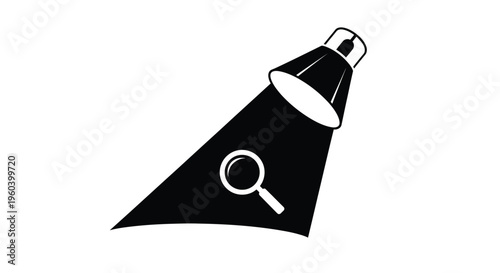 Spotlight, magnifying glass, search icon, black and white vector