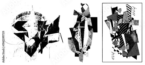 Fragmented abstract shapes with halftone textures, graphic collage, vector art, modernist design, black and white composition, geometric abstraction, digital print.