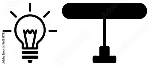 Simple black glowing lightbulb symbolizing ideas, T bar tool for construction or design, minimalist vector graphics, isolated elements for UI or signage.