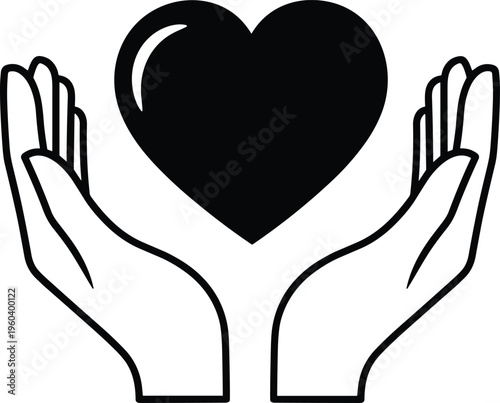Black heart above open hands icon illustration, compassion love care symbol, supportive design for protection, charity, kindness, and emotional graphics