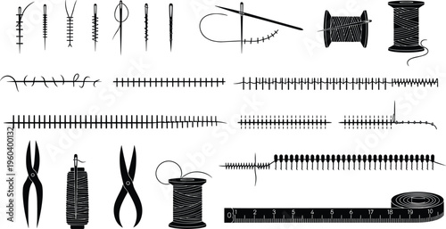 Surgical Sutures and Stitching Techniques Set with Needles Threads and Medical Wound Closure Methods Illustration