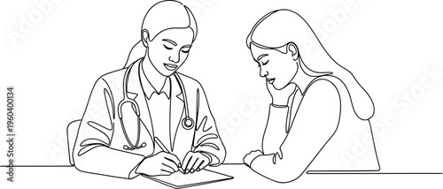 Female doctor consulting patient, writing notes during medical appointment, continuous line art.