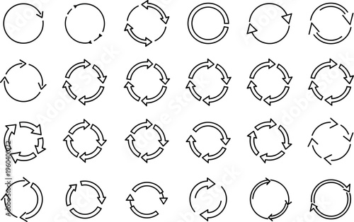  Circular arrow icons vector illustration with diverse loop designs, black artwork symbolizing recycling, refresh, and continuous process cycle themes