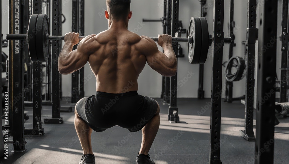 Fototapeta premium Muscular athlete performing heavy barbell squats in a modern gym.
