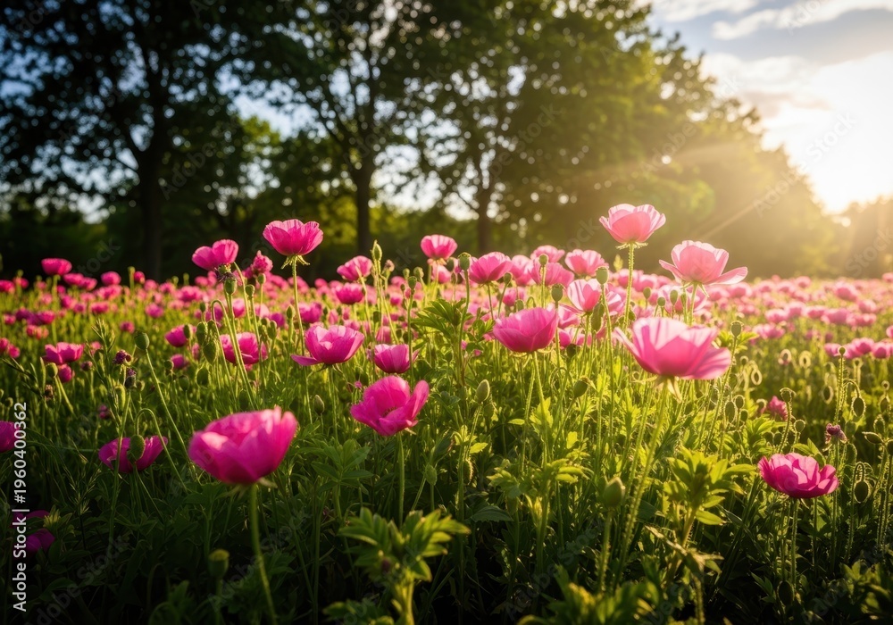 Obraz premium Vibrant pink flowers in a sunny green field with trees