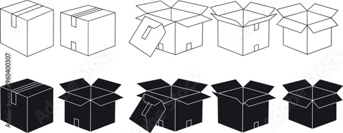  Box transformation icons vector illustration with black and white design, packaging process symbol artwork, open close concept element