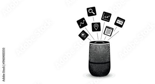 Smart speaker, voice assistant, icons, black and white, vector illustration, smart home, technology