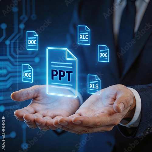 Businessman in suit presents digital document icons, emphasizing PPT, with circuit background. Represents business technology and corporate communication.