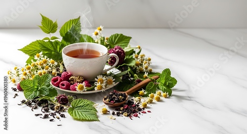 A steaming cup of herbal tea surrounded by fresh raspberries, mint leaves, and chamomile flowers