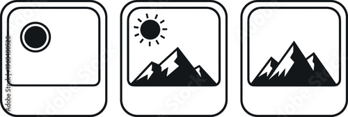 Camera and photo gallery icons vector illustration, user interface design, photography symbols, landscape artwork for digital app graphics