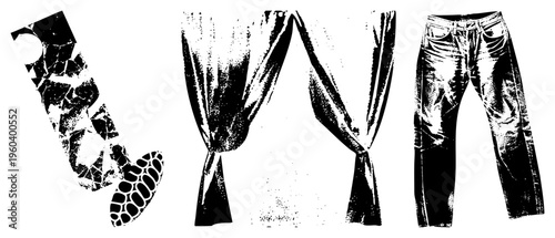 Fragmented shoe sole, flowing curtain folds, ripped denim jeans all rendered in high contrast halftone vector art. Graphic design elements for fashion, interior, or apparel contexts.