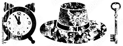 Retro alarm clock, pilgrim hat, antique key, distressed vector, graphic, symbolic objects, historical artifacts.
