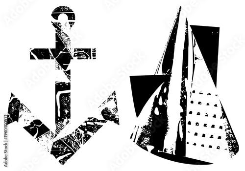 Vintage maritime anchor and sailboat graphic, nautical symbols, distressed black and white vector art, sea adventure, coastal design element.