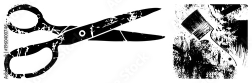 Black and white vector of scissors and paintbrush with grunge texture, craft tools, artistic implements, isolated foreground elements, design assets.
