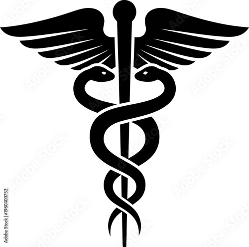 Black and white vector illustration of the Caduceus symbol, representing medicine and commerce.