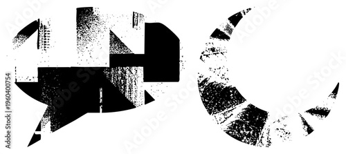 Stylized black forms with gritty halftone texture, graphic design elements, modern art composition, vector abstract art, isolated shapes.
