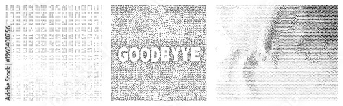 Vector halftone graphic displaying text "GOODBYYE" via dot density gradient, stylized typography, retro print aesthetic, isolated text art, dot matrix design.