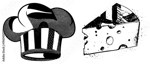Culinary chef hat with striped, cheese wedge with holes, halftone graphic, food, kitchen symbol, black and white vector art.