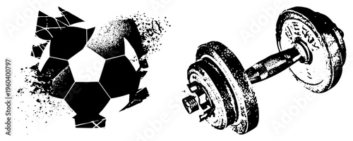 vector of fragmented soccer ball & textured dumbbell, gritty halftone. Perfect for fitness, sports, or motivational themes.