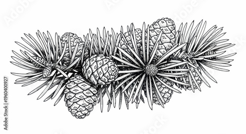 Vintage Pine Branch with Cones Illustration - Hand-Drawn Botanical Art