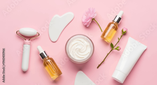 Luxury Skincare Routine: Face Roller, Gua Sha, Serum, Cream, and Flower on Pink