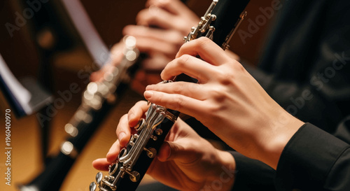 Orchestra musicians playing clarinets, close-up on hands and instruments during performance