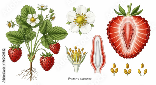 Strawberry Plant Anatomy: Fruit, Flower, and Cross-section Illustration