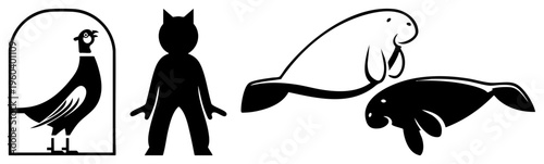 Black illustrations of a bird in an cage, a cat silhouette, and two manatees, rendered in flat vector style with clean and no shading.