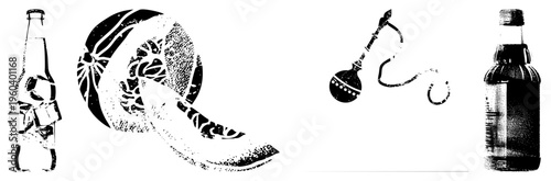 Vector illustrations of drink containers and fruit with halftone textures, including ice bottle, melon slice, hookah, and soda bottle, graphic design elements.