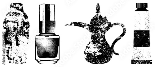 Four stylized containers rendered in halftone vintage bottle, nail polish, Arabic coffee pot, paint tube. Black and white vector silhouettes with textured grain. Isolated cutout design elements.