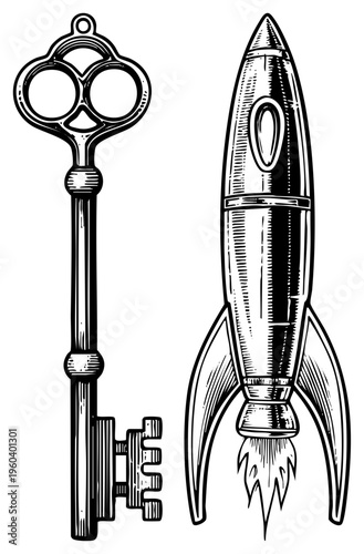 Antique ornate key beside retro ship, vintage engraving style, retro sci fi, black and white vector art, isolated graphic elements.