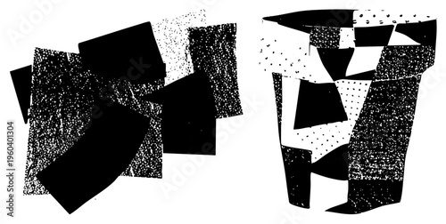 Bold black and white graphic art with fragmented rectangles and halftone dots, modern abstract composition, vector art, digital illustration, geometric abstraction.