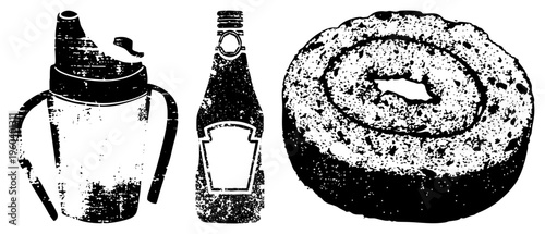 Retro stylized sippy cup, vintage bottle, and cake slice rendered in halftone texture, isolated vector illustrations, flat design with distressed ink effect.