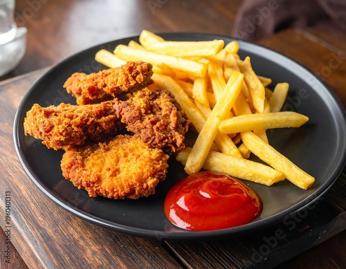 A plate of crispy fried chicken and golden fries with ketchup (1)