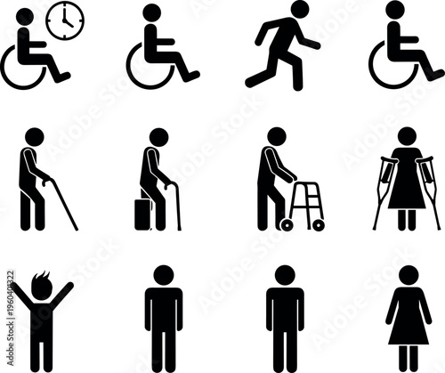 Black silhouette vector illustration of accessibility icons, mobility aids, healthcare symbols, disability support, inclusive design artwork collection