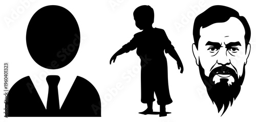 Vector showing anonymous user, child silhouette, and detailed bearded male face minimalist black shapes on transparent background, ideal for UI or graphic design.