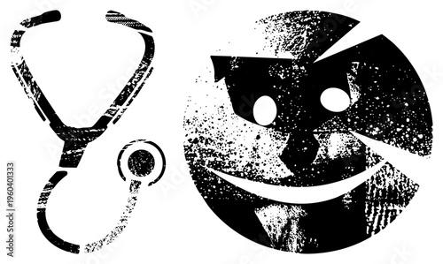 Medical stethoscope and cartoonish smiling mask, both in gritty halftone style, healthcare and humor mashup, black and white vector graphic.