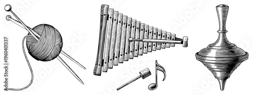 Classic art of knitting yarn and, wooden xylophone with mallet, spinning top, and musical notes, engraved style, craft and music themes.