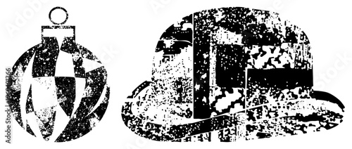 Retro Christmas bauble with checkered, bowler hat with weathered texture, vector art, holiday decor, vintage fashion.