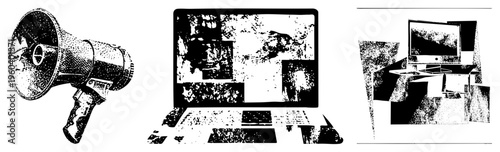Retro megaphone for announcements, laptop with halftone display, desktop computer setup, digital communication tools, black and white vector.