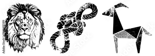 Bold black vector animal silhouettes lion (textured mane), ram (ornate horns), origami goat (geometric facets). Flat design with halftone grain.