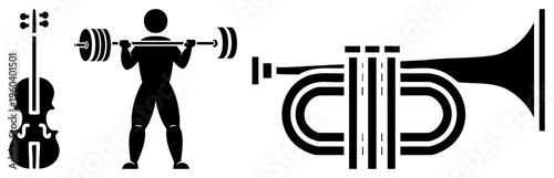 Black silhouette of violin, weightlifter, and trumpet, minimalist vector art, flat design, isolated symbols, musical and athletic themes.