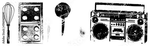 Retro kitchen whisk, tiles, handheld fan, boombox stereo classic 80s 90s, stylized halftone vector art, nostalgic pop culture symbols.