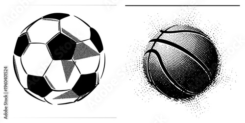 Soccer ball with pentagon and basketball with seams, both in black and white halftone style, sports vector, athletic symbols, isolated graphics.